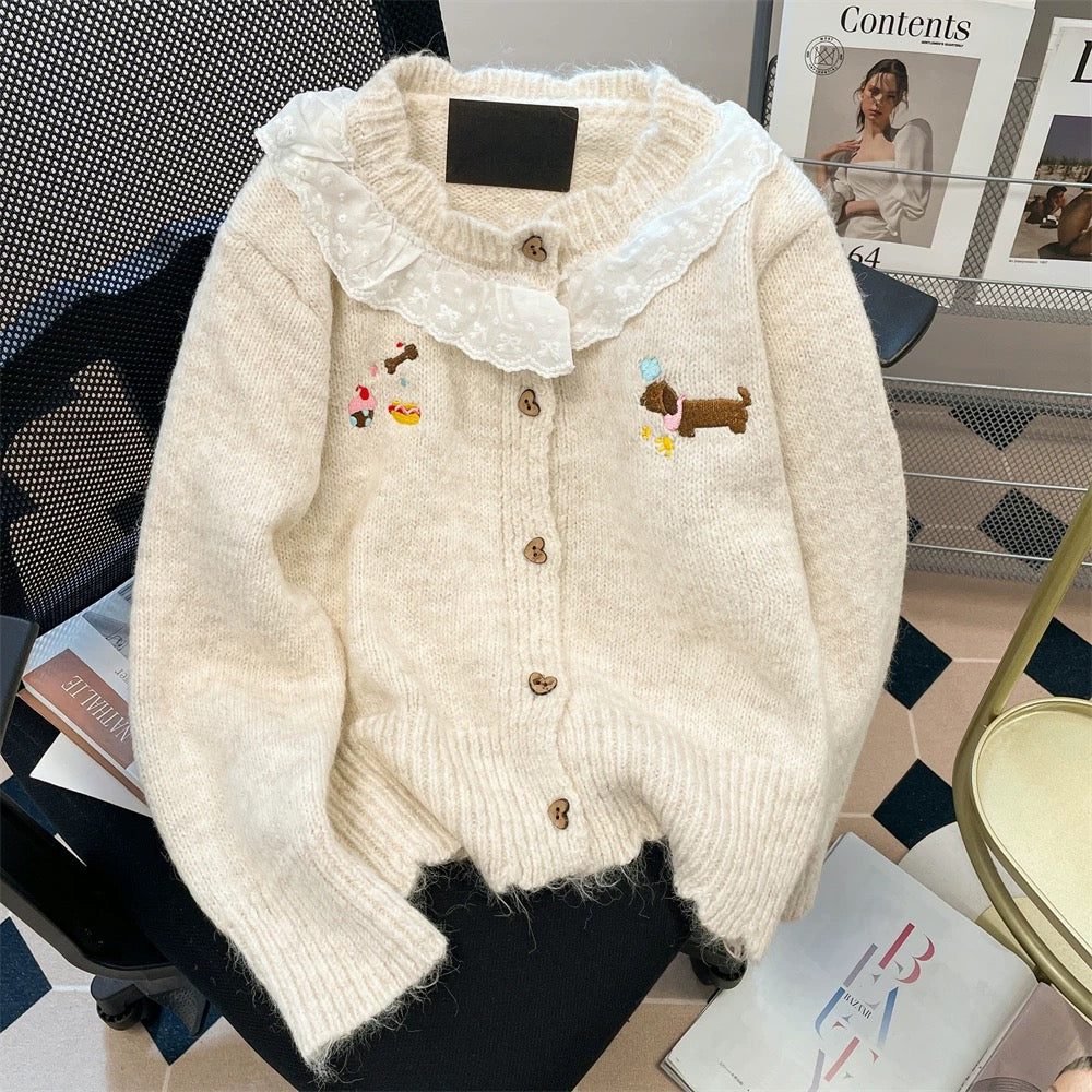 Korean lace stitching puppy embroidered sweater cardigan for women in autumn and winter, sweet and gentle, soft and waxy knitted top for little people
