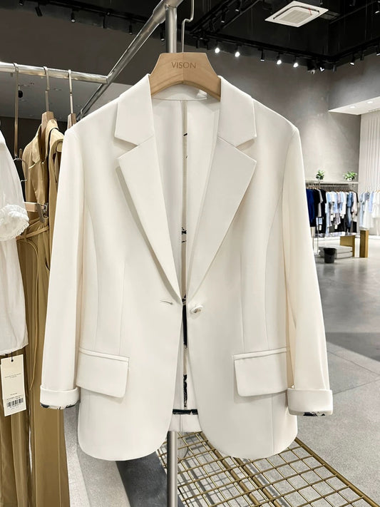 Beige Korean style temperament suit jacket women's summer thin section 2025 new nine-point sleeves fashionable commuter suit trend
