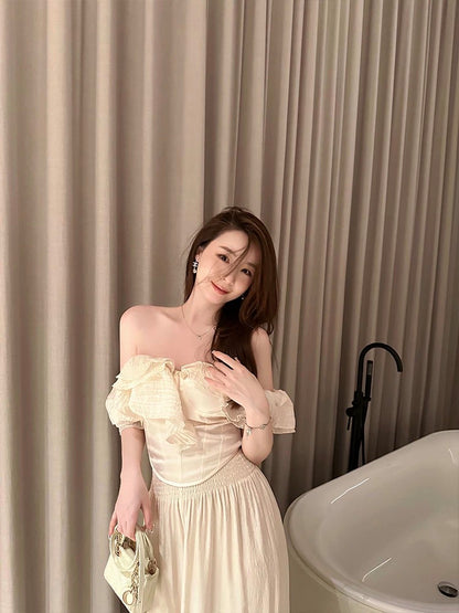 Tongse | Early summer camellia ruffled one-shoulder patchwork tube top short top with stunning design