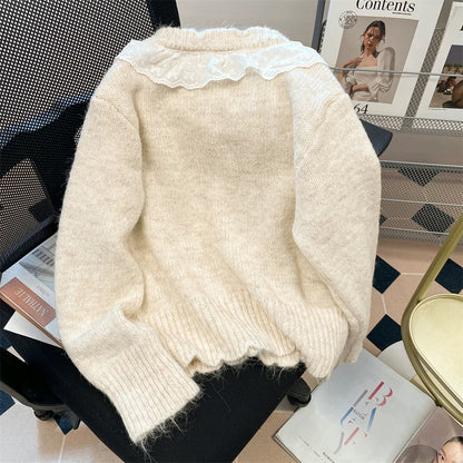 Korean lace stitching puppy embroidered sweater cardigan for women in autumn and winter, sweet and gentle, soft and waxy knitted top for little people