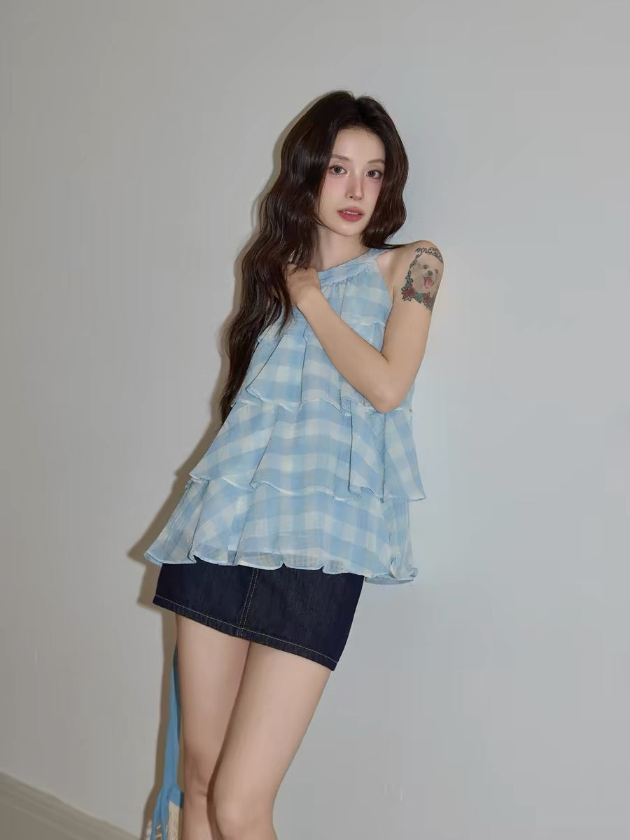 Chaochao's Blue Plaid Halter Neck Vest for Women, Summer 2026, Fresh and Casual Ruffled Sleeveless Top