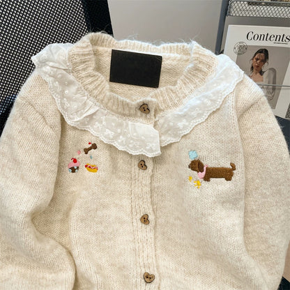 Korean lace stitching puppy embroidered sweater cardigan for women in autumn and winter, sweet and gentle, soft and waxy knitted top for little people