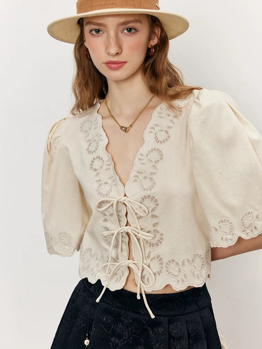 Exquisite and chic, breathable and comfortable, French heavy embroidery V-neck puff sleeve short cotton shirt top for women