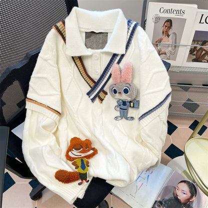 Korean preppy style lapel splicing fake two-piece sweater for women in autumn and winter, artistic, foreign style, unique and unique knitted top