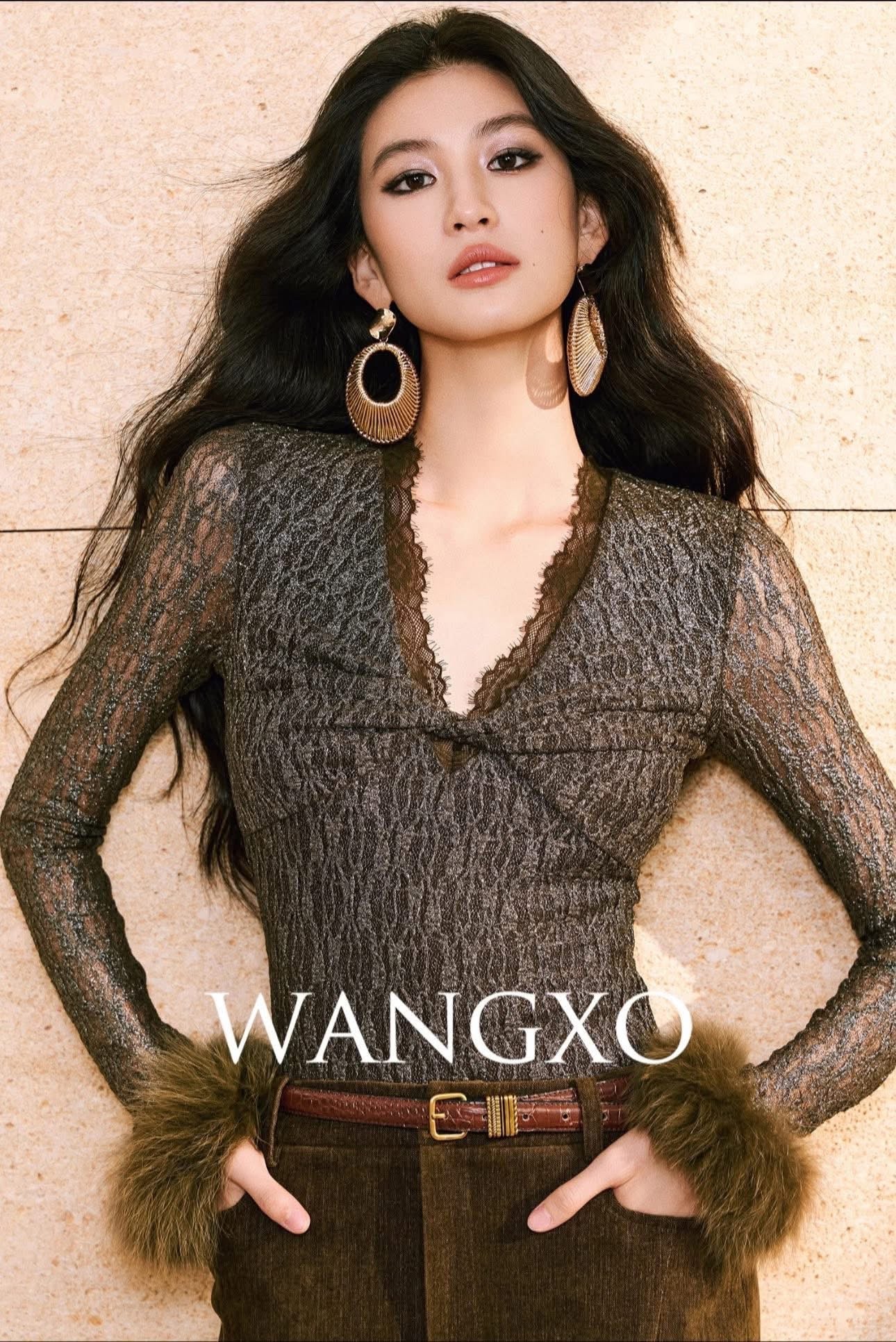 WANGXO｜Lace with Hollowed-out Texture and Silver Stamping｜V-Neck Twisted Ruffled Fox Fur Cuffs Fitted Top