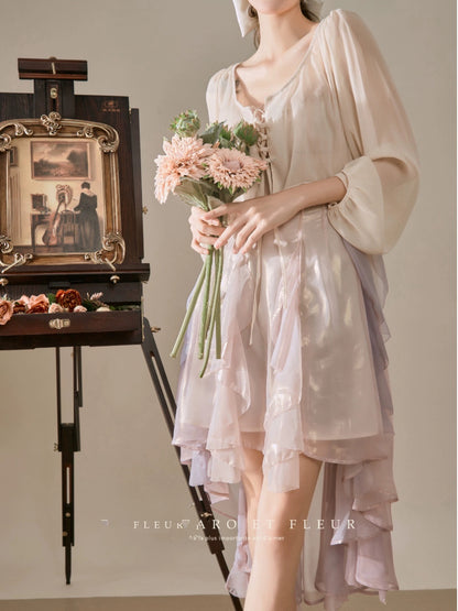 Short front and long back dress fairy gradient French birthday heavy industry little man seaside vacation suspender skirt summer