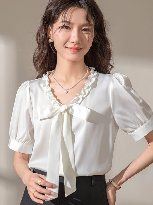 French bow ribbon ruffled v-neck satin white short-sleeved shirt for women 2024 summer new top