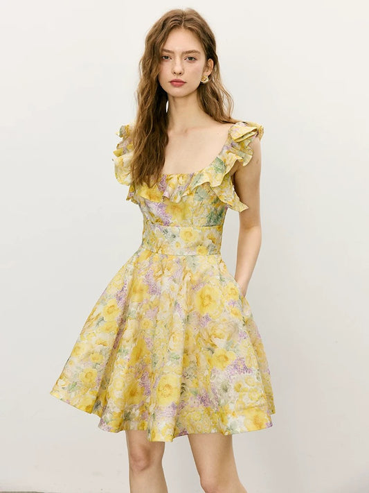 Liu Yifei's same style high-end silk linen ruffled lace-up waist and backless French tea break print dress