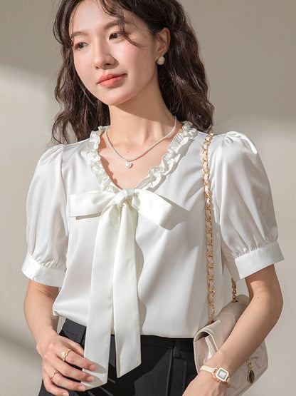 French bow ribbon ruffled v-neck satin white short-sleeved shirt for women 2024 summer new top