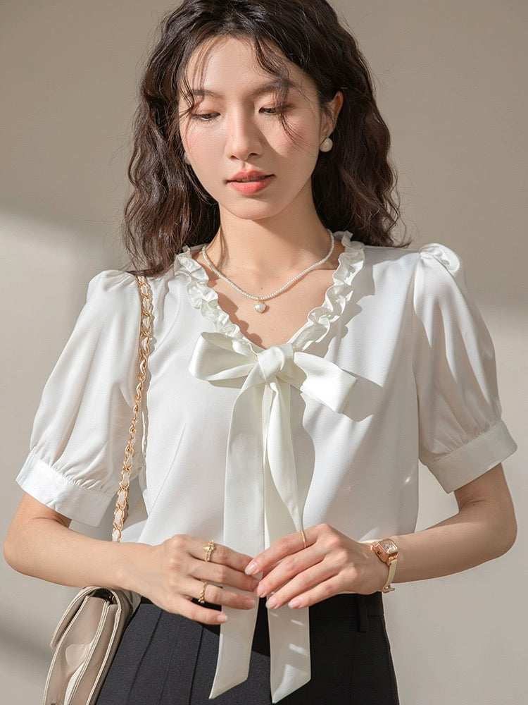 French bow ribbon ruffled v-neck satin white short-sleeved shirt for women 2024 summer new top