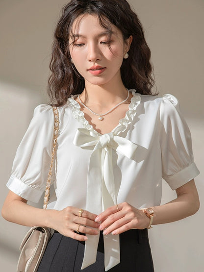 French bow ribbon ruffled v-neck satin white short-sleeved shirt for women 2024 summer new top