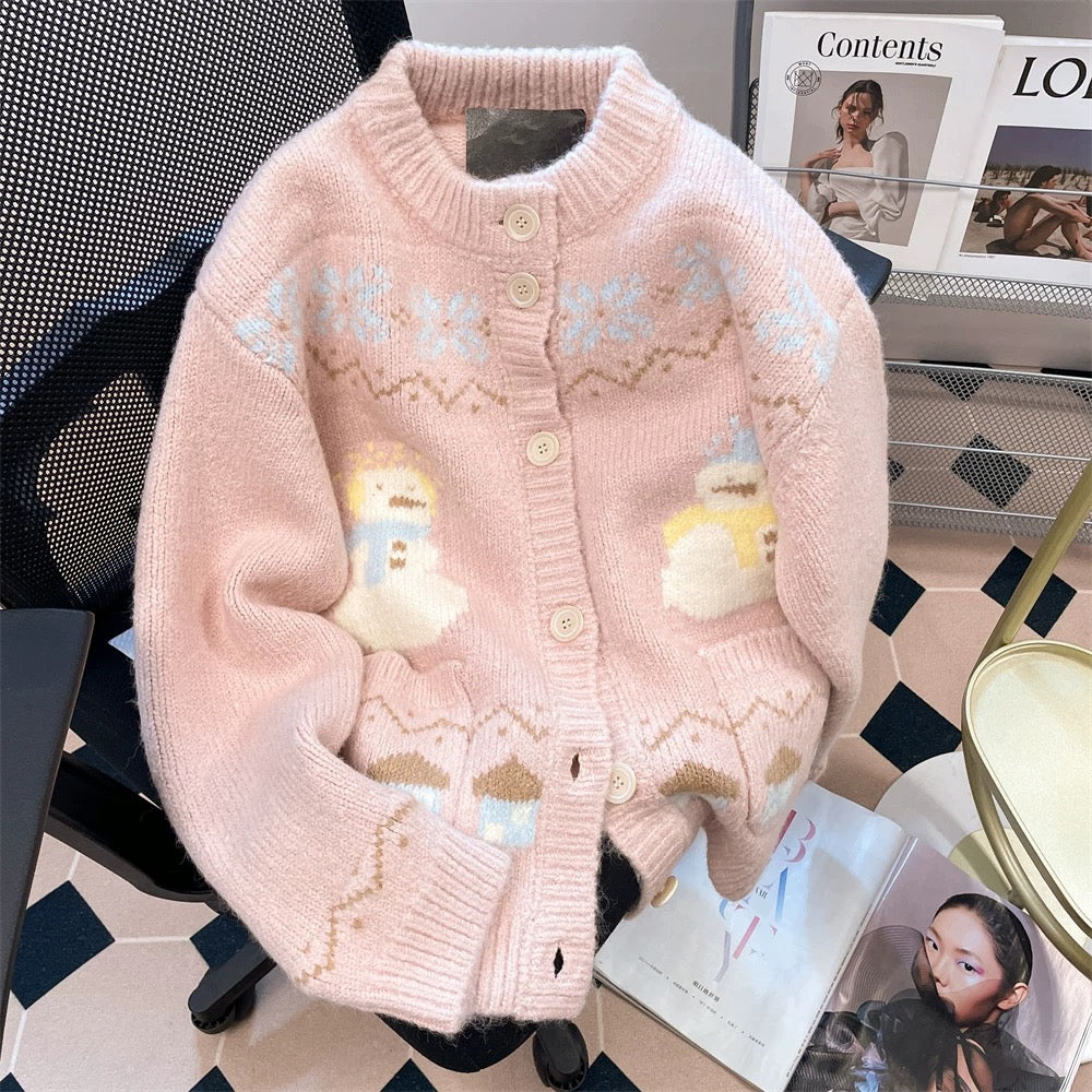 Korean high-end Fair Isle snowman jacquard sweater for women in autumn and winter, super nice lazy soft waxy knitted cardigan jacket