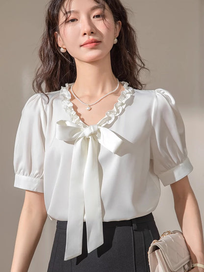 French bow ribbon ruffled v-neck satin white short-sleeved shirt for women 2024 summer new top