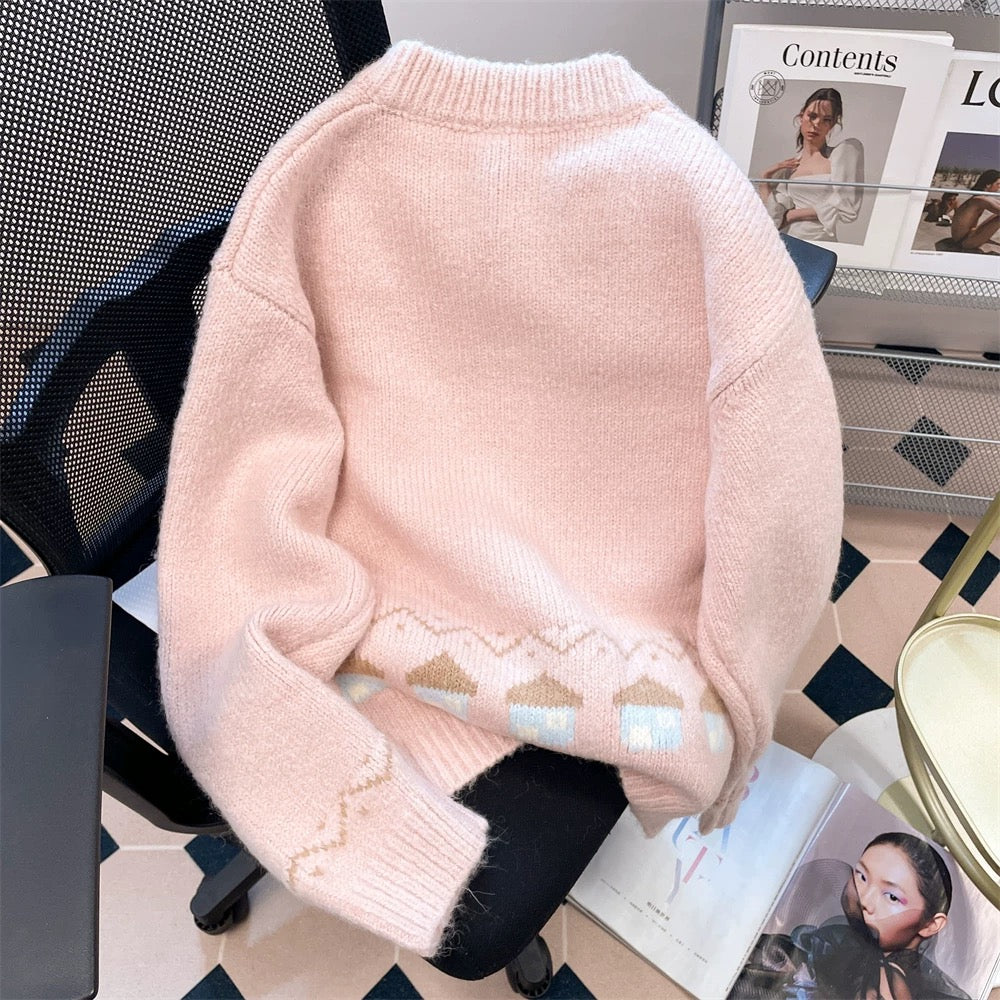 Korean high-end Fair Isle snowman jacquard sweater for women in autumn and winter, super nice lazy soft waxy knitted cardigan jacket