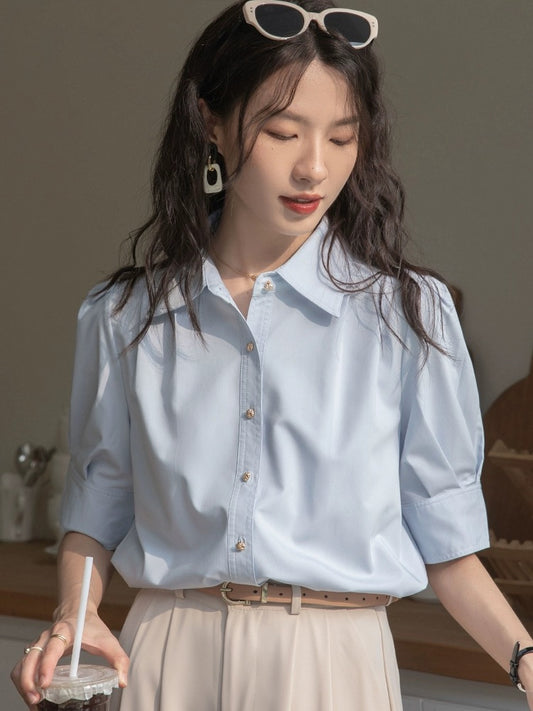 French puff sleeve blue shirt for women 2024 new summer interview formal wear professional commuting short-sleeved niche top