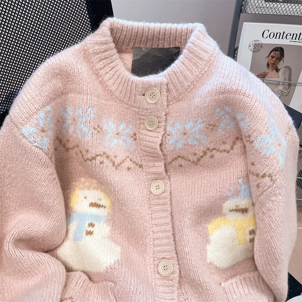 Korean high-end Fair Isle snowman jacquard sweater for women in autumn and winter, super nice lazy soft waxy knitted cardigan jacket