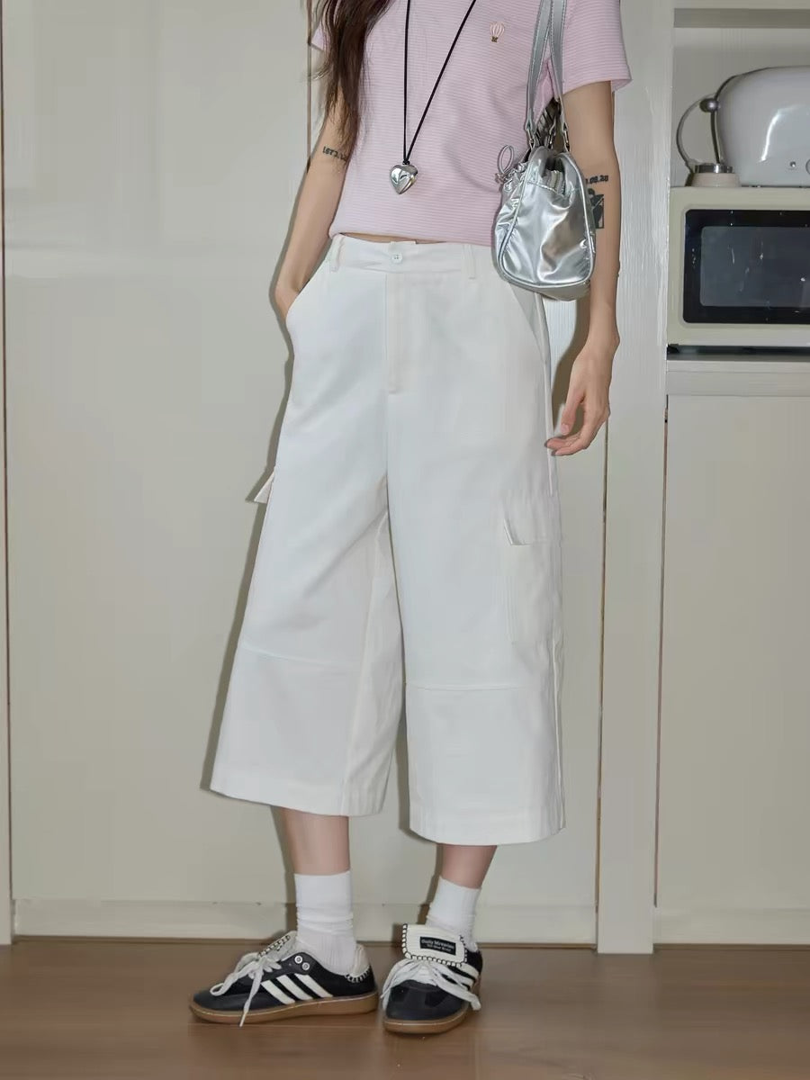 Chaochao's White Cargo Capri Casual Pants for Women, 2026 Summer, Wide Leg, Slimming, High Waist, Straight Leg, Loose Fit