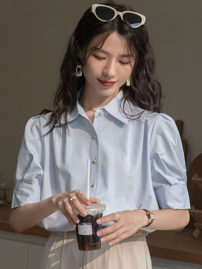 French puff sleeve blue shirt for women 2024 new summer interview formal wear professional commuting short-sleeved niche top