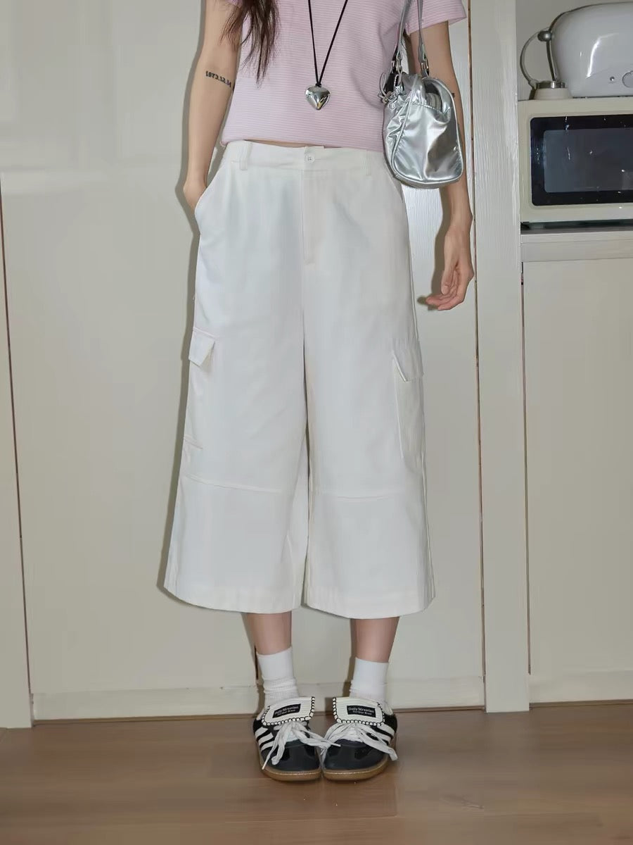 Chaochao's White Cargo Capri Casual Pants for Women, 2026 Summer, Wide Leg, Slimming, High Waist, Straight Leg, Loose Fit