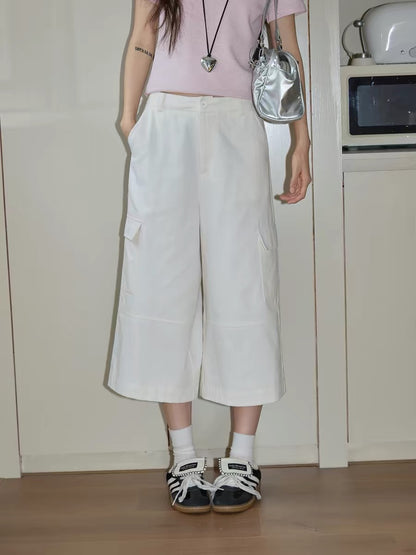 Chaochao's White Cargo Capri Casual Pants for Women, 2026 Summer, Wide Leg, Slimming, High Waist, Straight Leg, Loose Fit