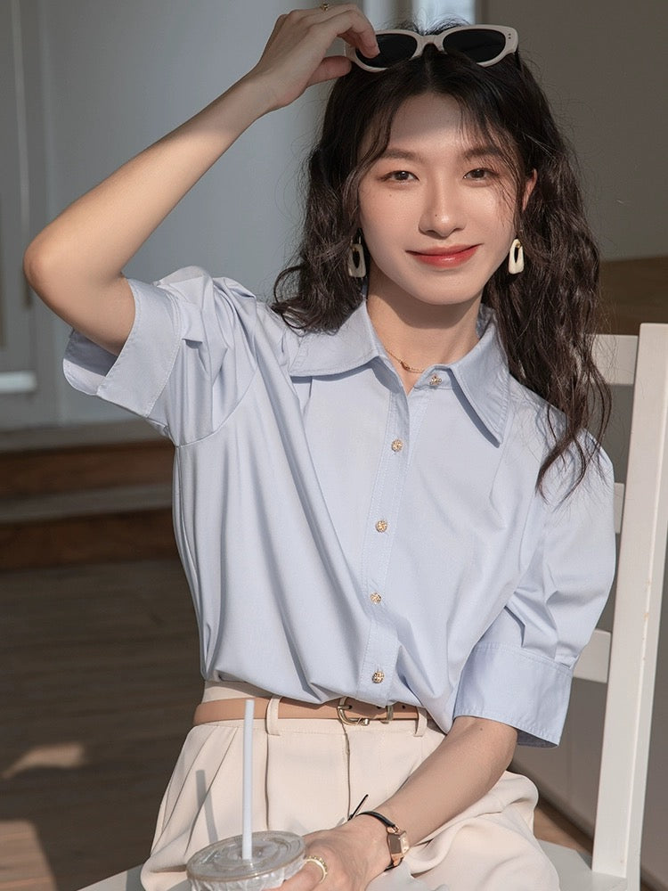 French puff sleeve blue shirt for women 2024 new summer interview formal wear professional commuting short-sleeved niche top