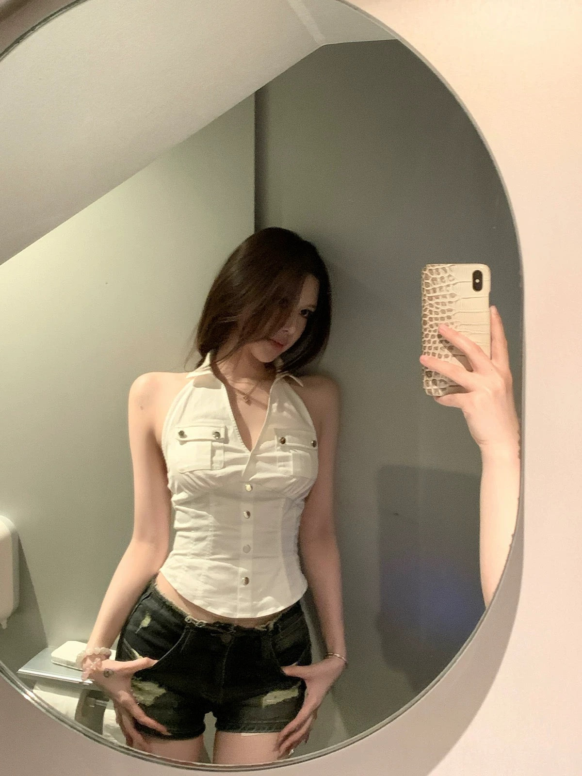Titi Miss [Little Paris] Sleeveless Shirt Women's Summer American Retro Workwear Halter Neck White Top