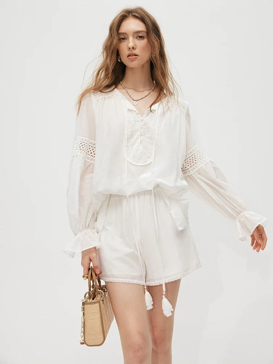 Same style as Liu Yifei! Fab French single fairy style silk cotton suit hollow embroidered shirt + shorts suit for women
