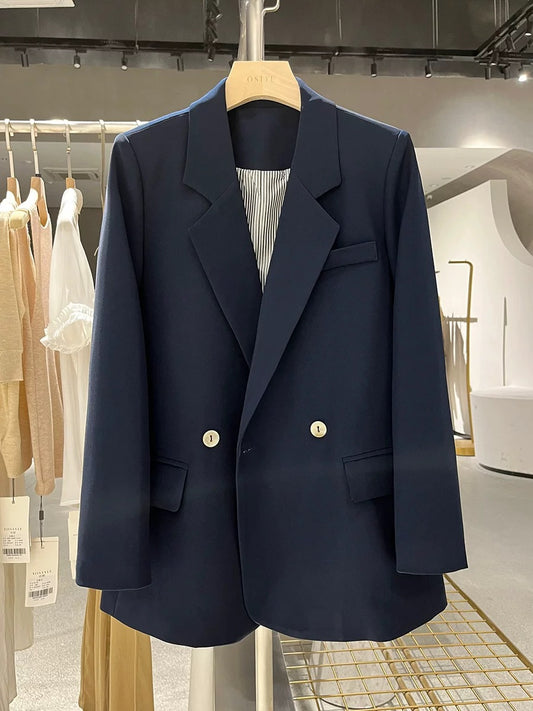 Navy blue suit jacket for women 2025 spring and autumn new retro college style Korean version of casual temperament professional suit
