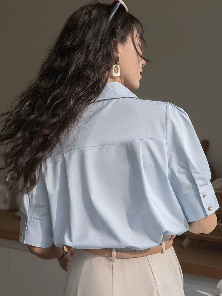 French puff sleeve blue shirt for women 2024 new summer interview formal wear professional commuting short-sleeved niche top