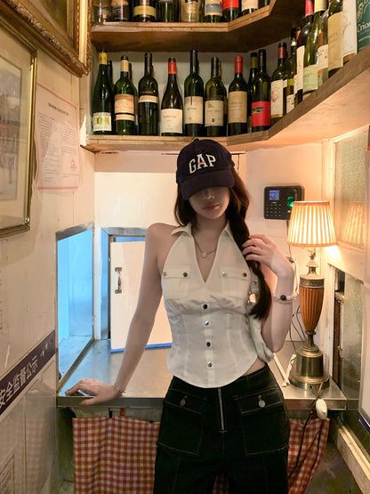 Titi Miss [Little Paris] Sleeveless Shirt Women's Summer American Retro Workwear Halter Neck White Top