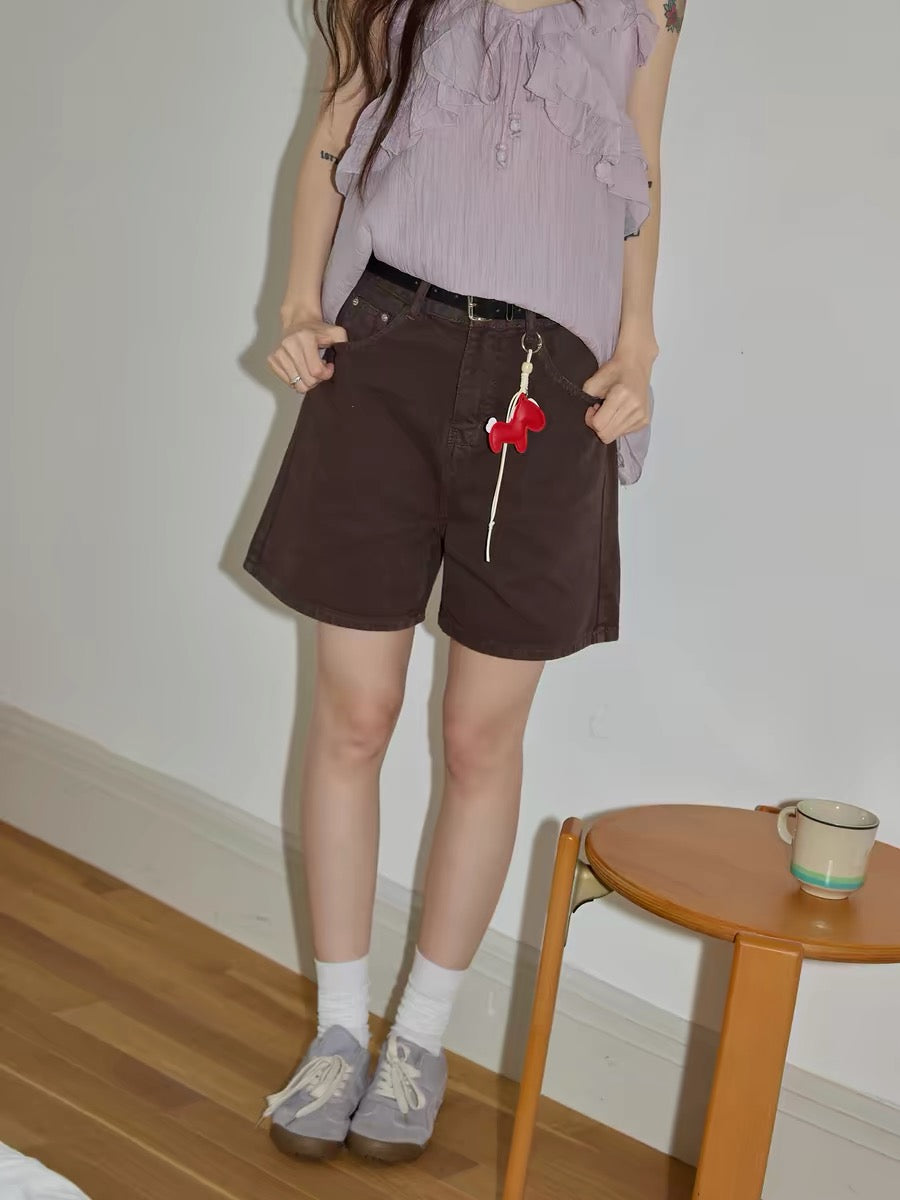 Chaochaojia Brown Denim Casual Pants Women's 2026 Summer Retro High-Waisted Slimming Straight Loose Wide-Leg Shorts