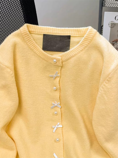 Western style unique chic bow pearl button sweater women's autumn and winter warm and soft waxy knitted cardigan jacket