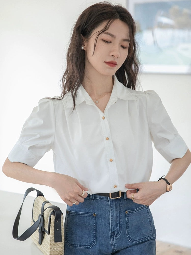 French puff sleeve blue shirt for women 2024 new summer interview formal wear professional commuting short-sleeved niche top