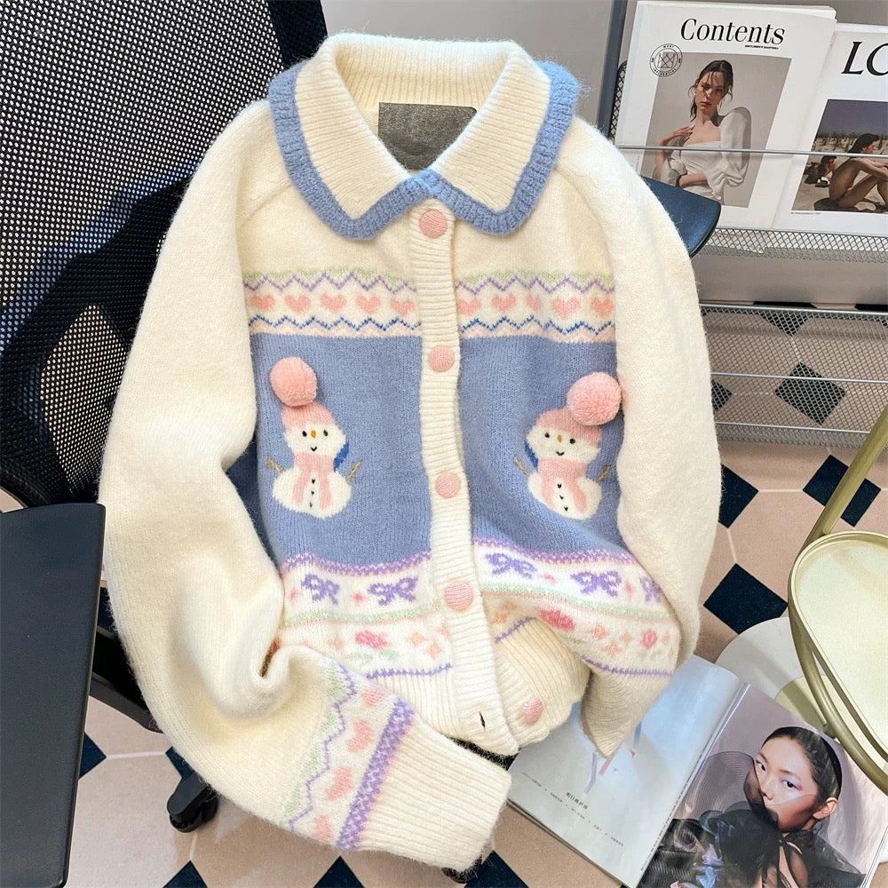 Christmas atmosphere snowman lapel sweater cardigan for women autumn and winter Korean style sweet soft waxy thickened knitted top jacket