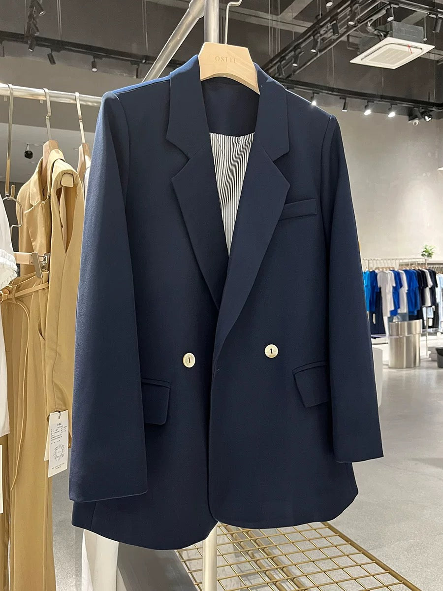 Navy blue suit jacket for women 2025 spring and autumn new retro college style Korean version of casual temperament professional suit