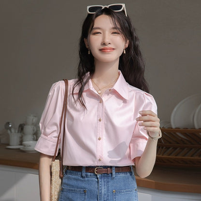 French puff sleeve blue shirt for women 2024 new summer interview formal wear professional commuting short-sleeved niche top