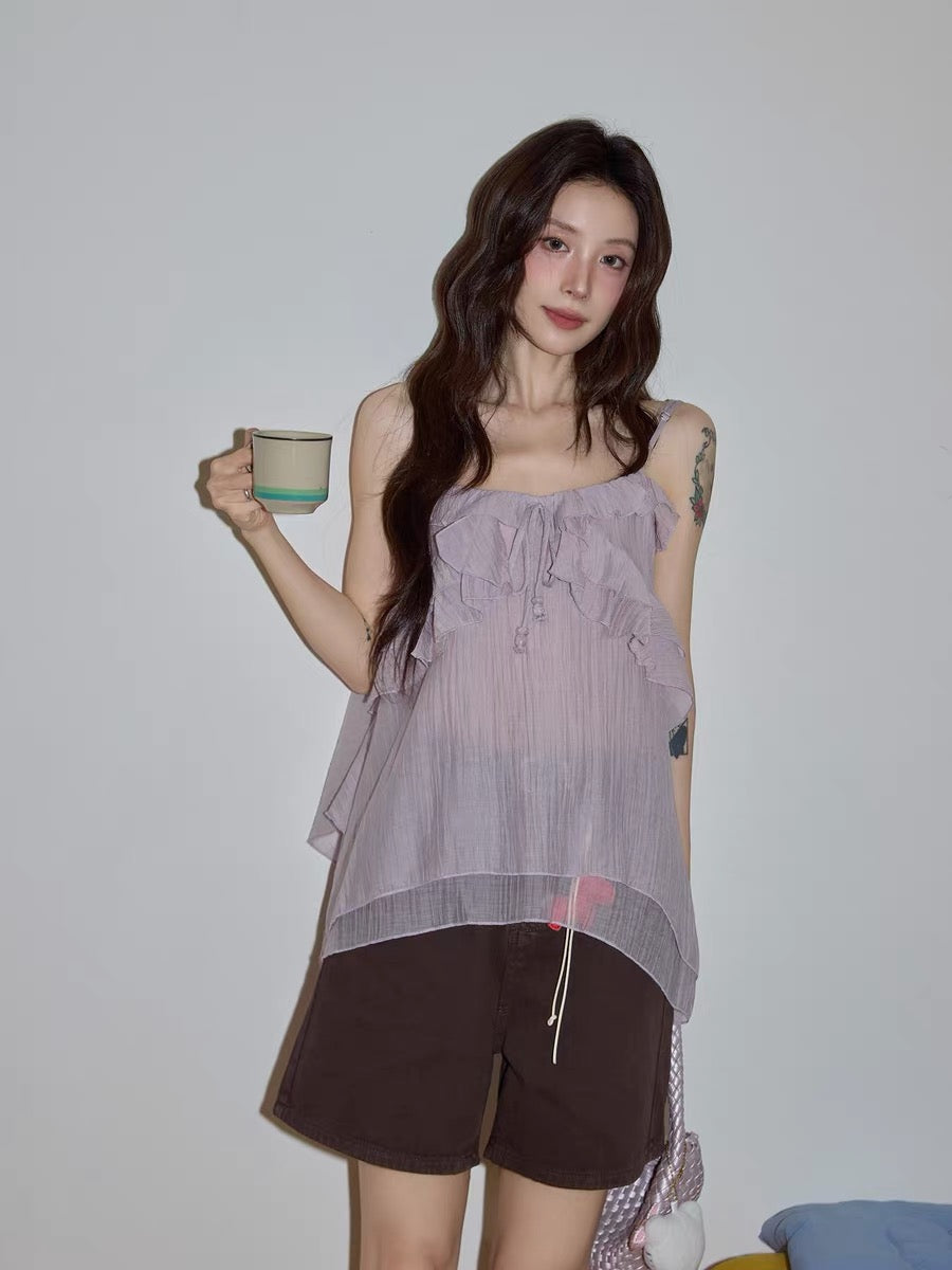 Chaochaojia Brown Denim Casual Pants Women's 2026 Summer Retro High-Waisted Slimming Straight Loose Wide-Leg Shorts