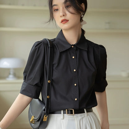 French puff sleeve blue shirt for women 2024 new summer interview formal wear professional commuting short-sleeved niche top