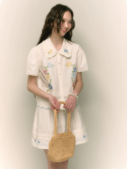 chummygirls French retro sweet floral embroidered doll collar shirt A-line slim skirt suit