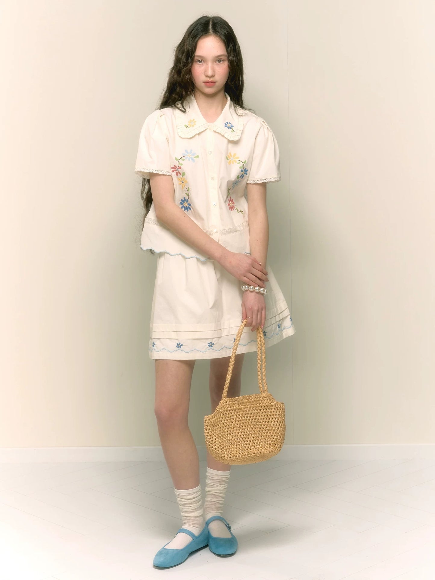 chummygirls French retro sweet floral embroidered doll collar shirt A-line slim skirt suit