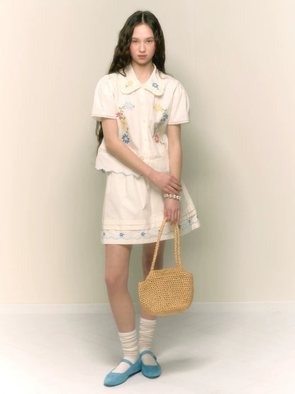 chummygirls French retro sweet floral embroidered doll collar shirt A-line slim skirt suit
