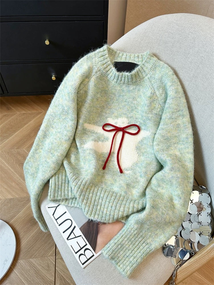 Japanese sweet bear bow wool sweater for women 2024 autumn and winter new raccoon velvet soft and waxy inner sweater