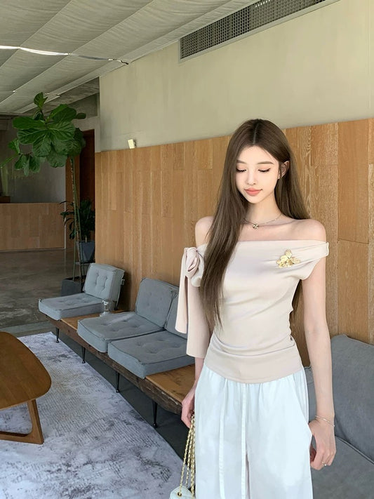 Titi Miss [Pale Jasmine] T-shirt female summer temperament pure desire oblique shoulder strap one shoulder sleeveless top