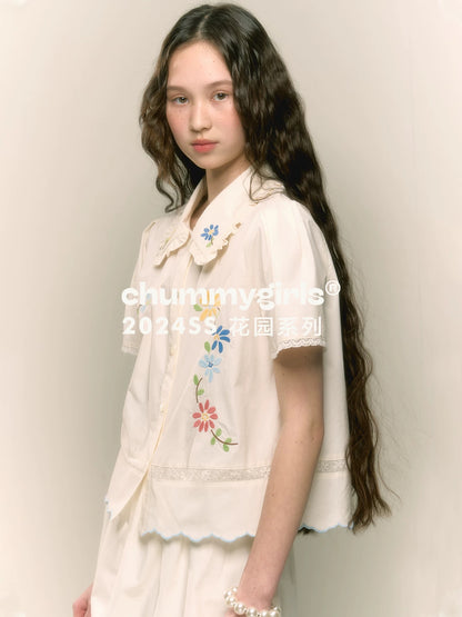 chummygirls French retro sweet floral embroidered doll collar shirt A-line slim skirt suit