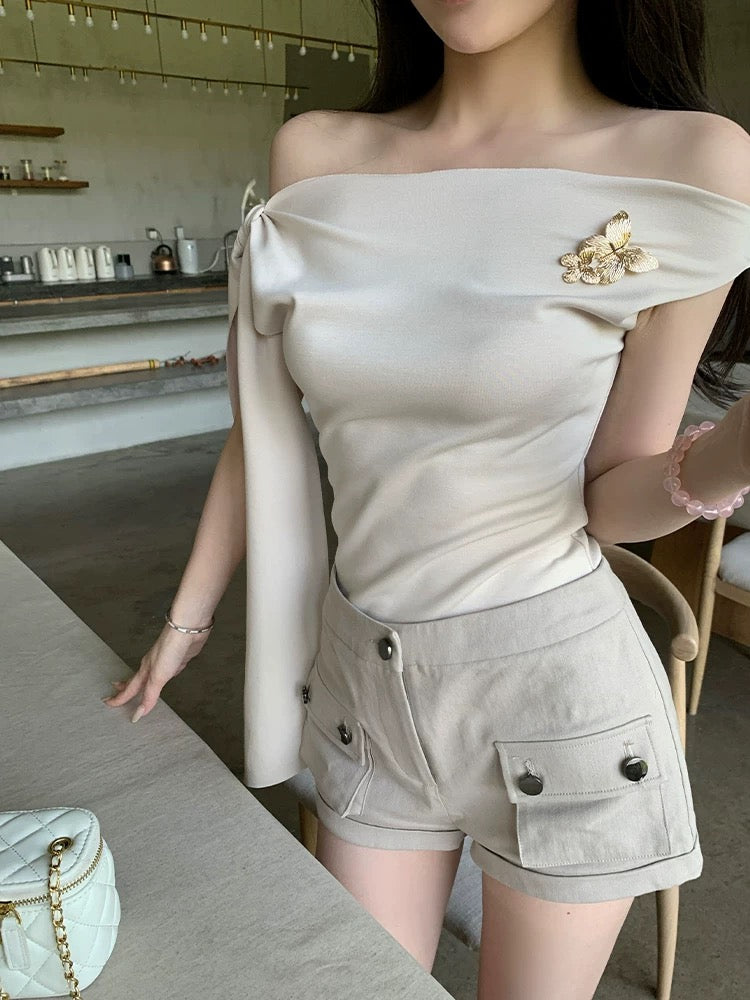 Titi Miss [Pale Jasmine] T-shirt female summer temperament pure desire oblique shoulder strap one shoulder sleeveless top