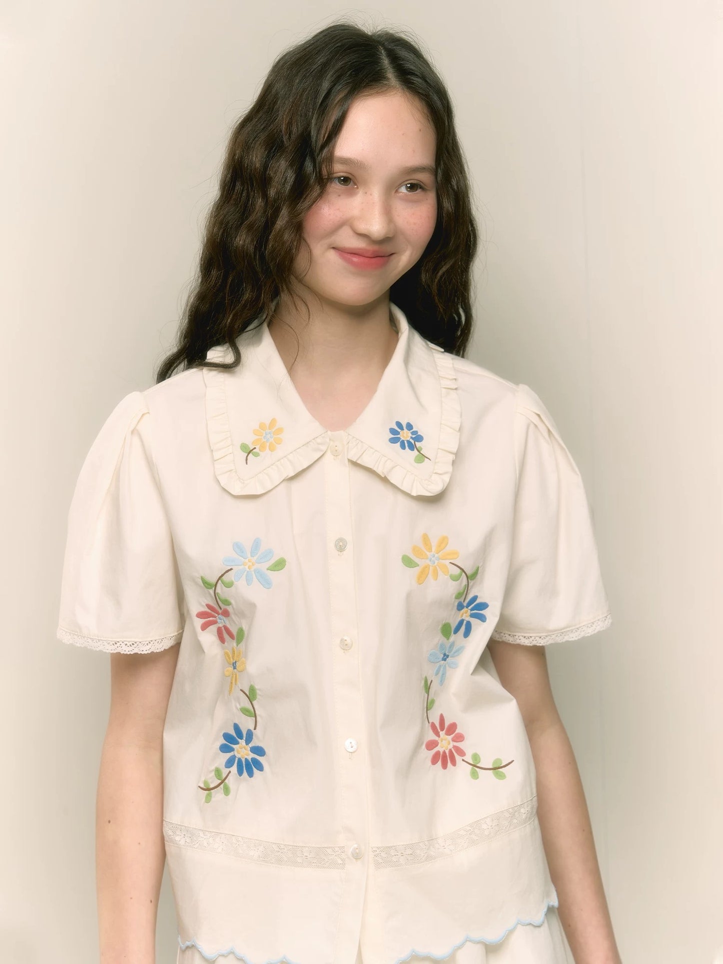 chummygirls French retro sweet floral embroidered doll collar shirt A-line slim skirt suit