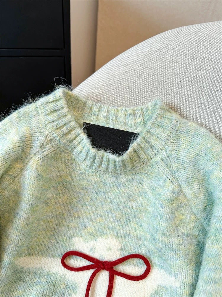 Japanese sweet bear bow wool sweater for women 2024 autumn and winter new raccoon velvet soft and waxy inner sweater