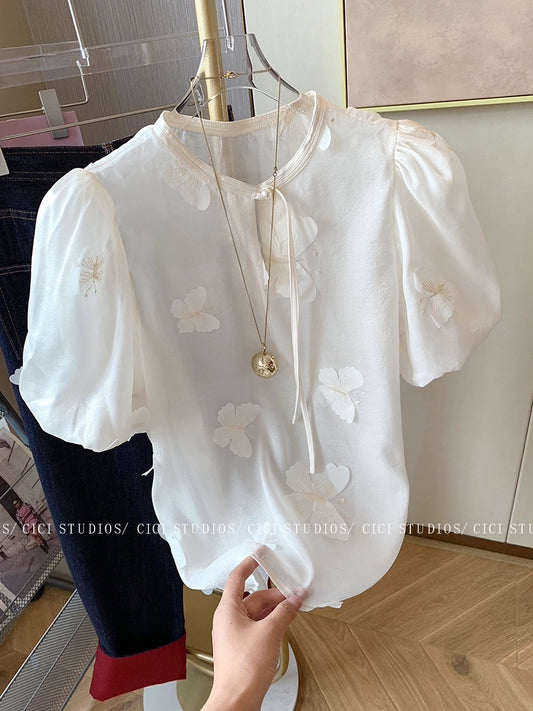 New Chinese style three-dimensional butterfly embroidered short-sleeved shirt for women 2024 summer new style sweet short top for small people to reduce age