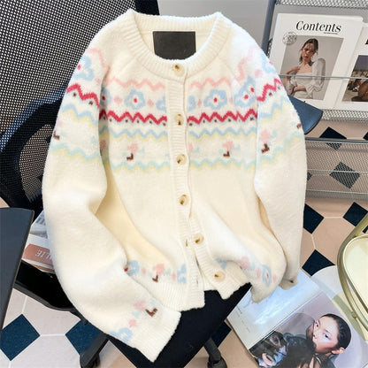 Korean style gentle vintage Fair Isle sweet sweater for women in autumn and winter to reduce age, beautiful and stylish knitted cardigan jacket