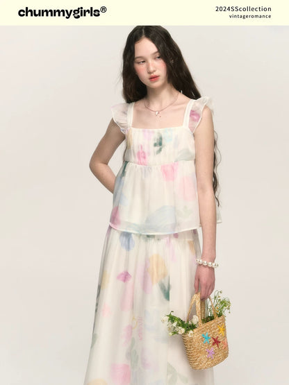 chummygirls x minglu original printed small flying sleeve vest suspender A-line pleated skirt suit